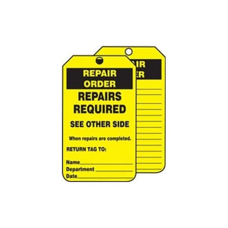Accuform Safety Tags, REPAIR ORDER REPAIRS REQUIRED, 8.5inx 3.875in, PF-Cardstock, 25PK TRS332CTP